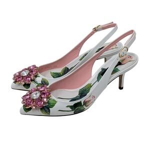 Dolce & Gabbana Jeweled Bellucci Floral Print Slingback Heels White and Pink 35
